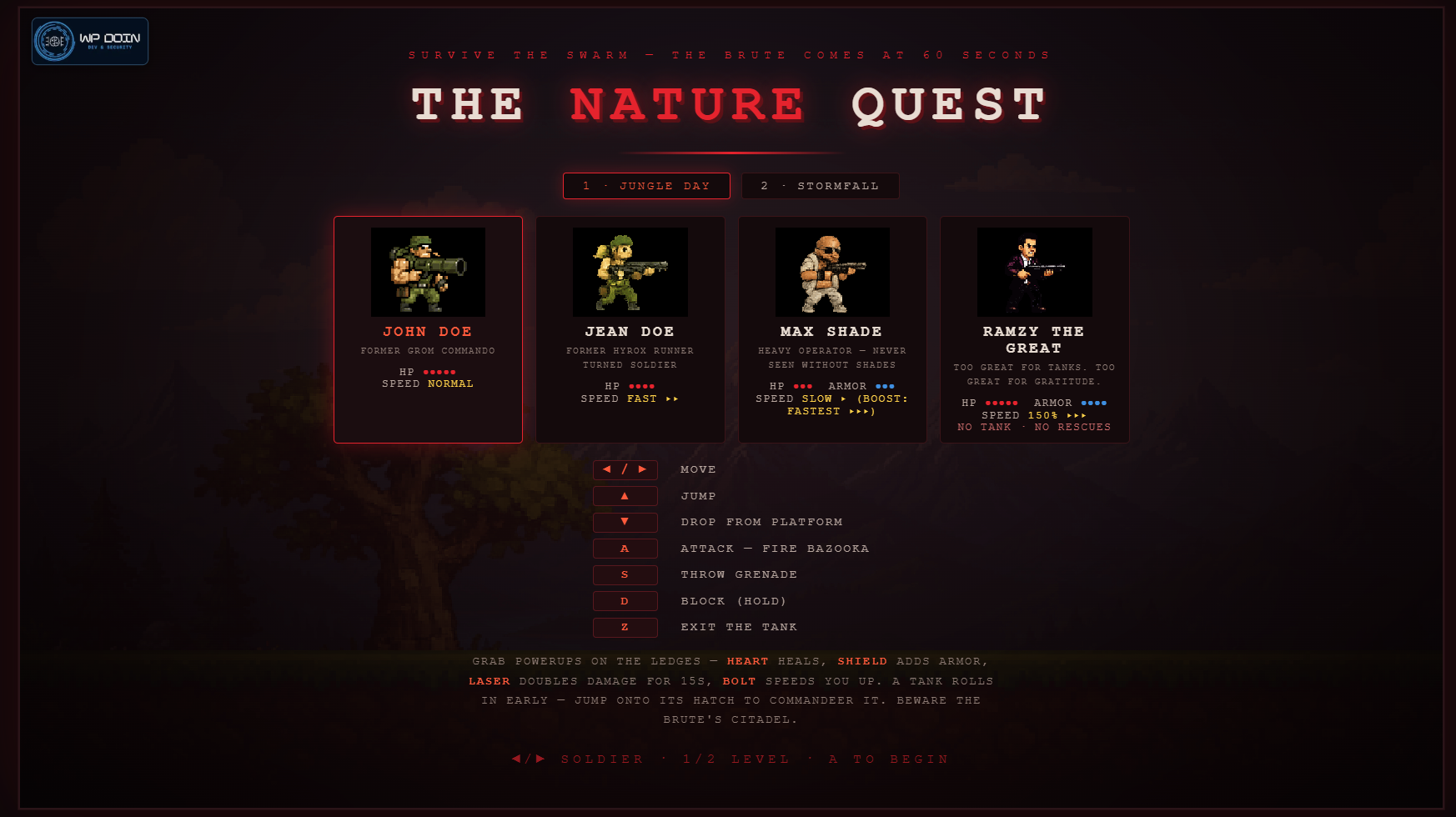 The Nature Quest — character selection screen