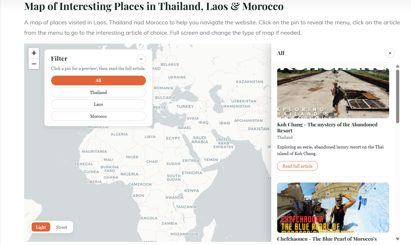Interactive travel map — filter panel and article previews