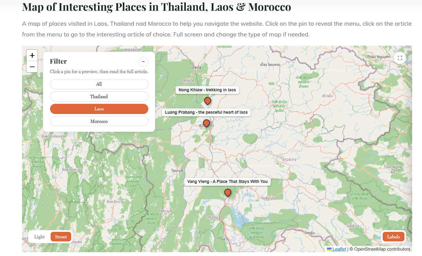 Interactive travel map — Laos pins with labels