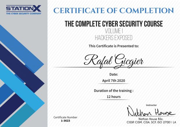 Cyber Security Course Hackers Exposed Certificate - Rafał Gicgier