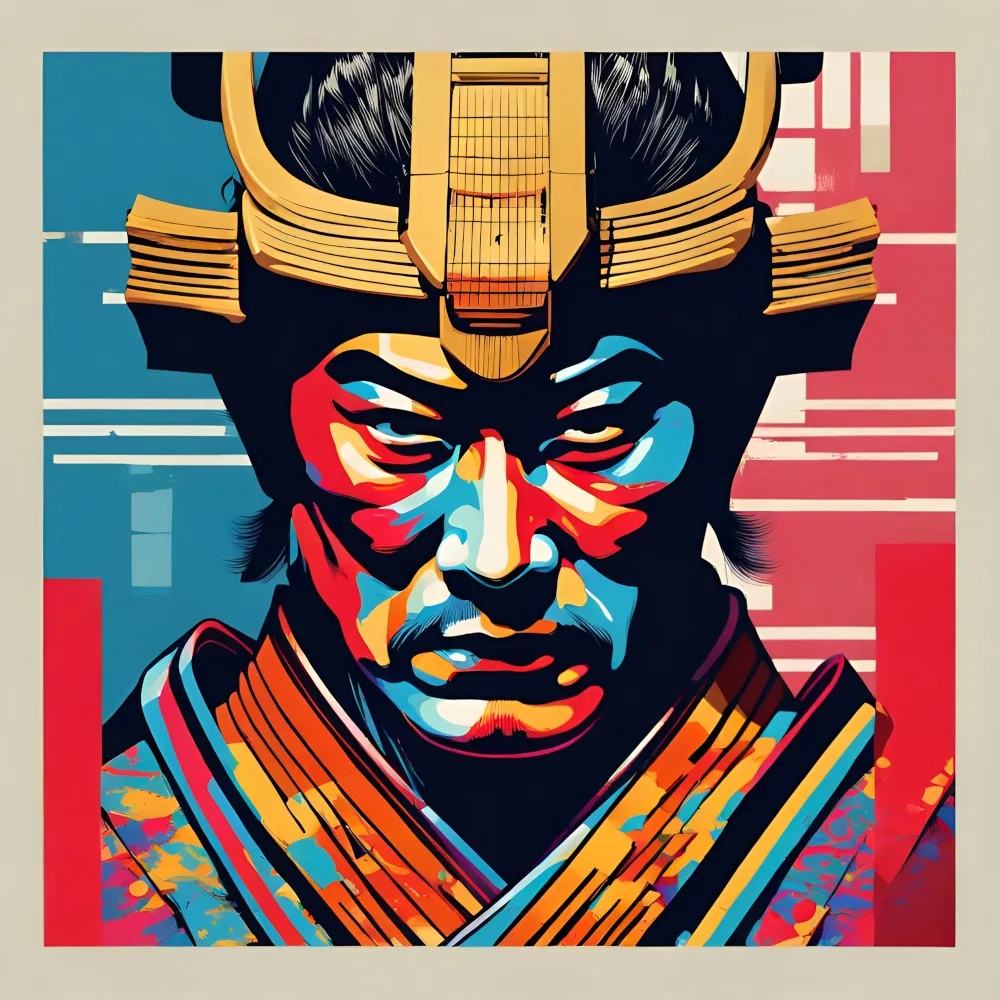 A Japanese Samurai Face Popart Decoration - Digital Art