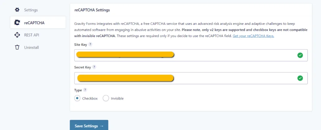 Gravity Forms Captcha Settings Screen