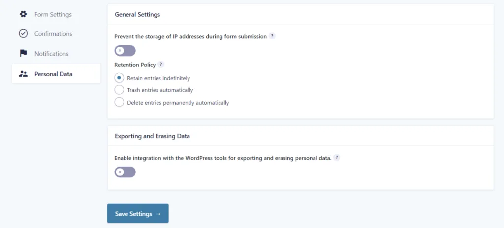 Gravity Forms Personal Data Tab is intuitive to use