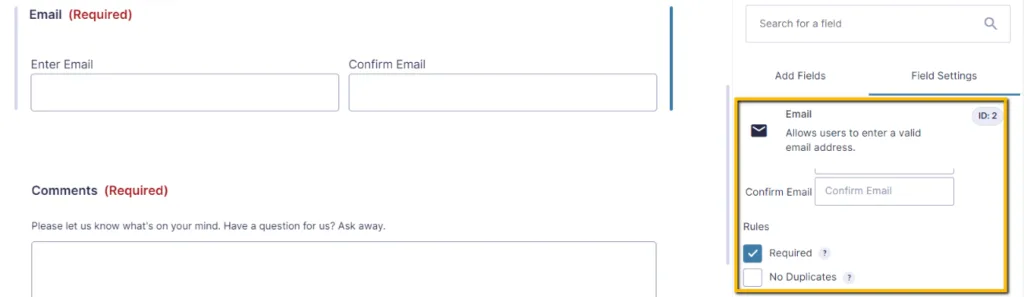 Gravity Forms Email Field Settings