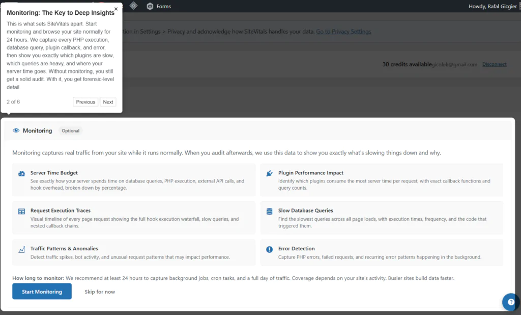 Site Vitals Welcome Screen