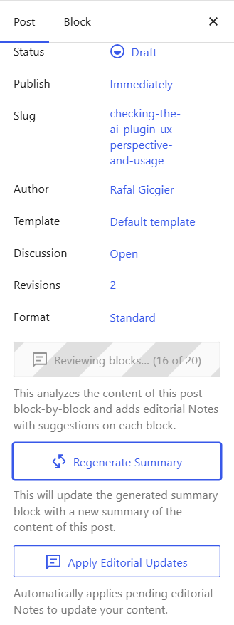 Screenshot of the WordPress post settings panel showing AI summary and editorial update buttons.